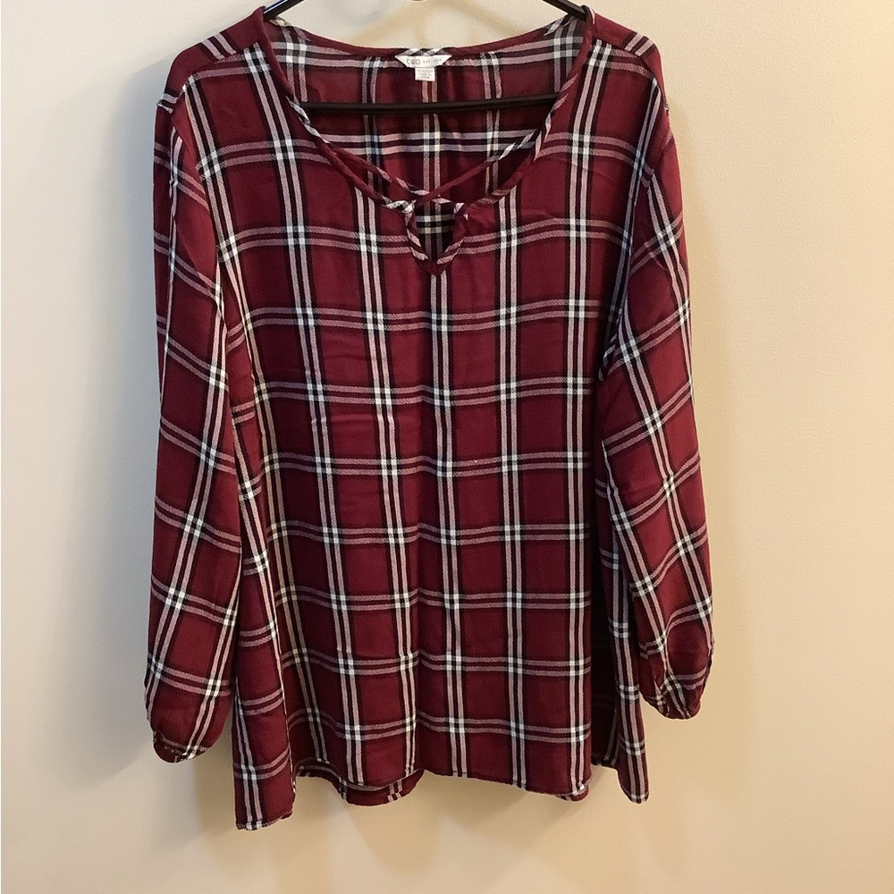 Cato Burgundy Plaid 3/4 sleeve Blouse